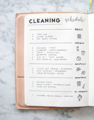 A cleaning schedule is a great bullet journal page idea. 